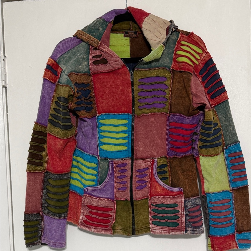 Women’s Rising International Hippie Patchwork BOHO distressed Hoodie Large